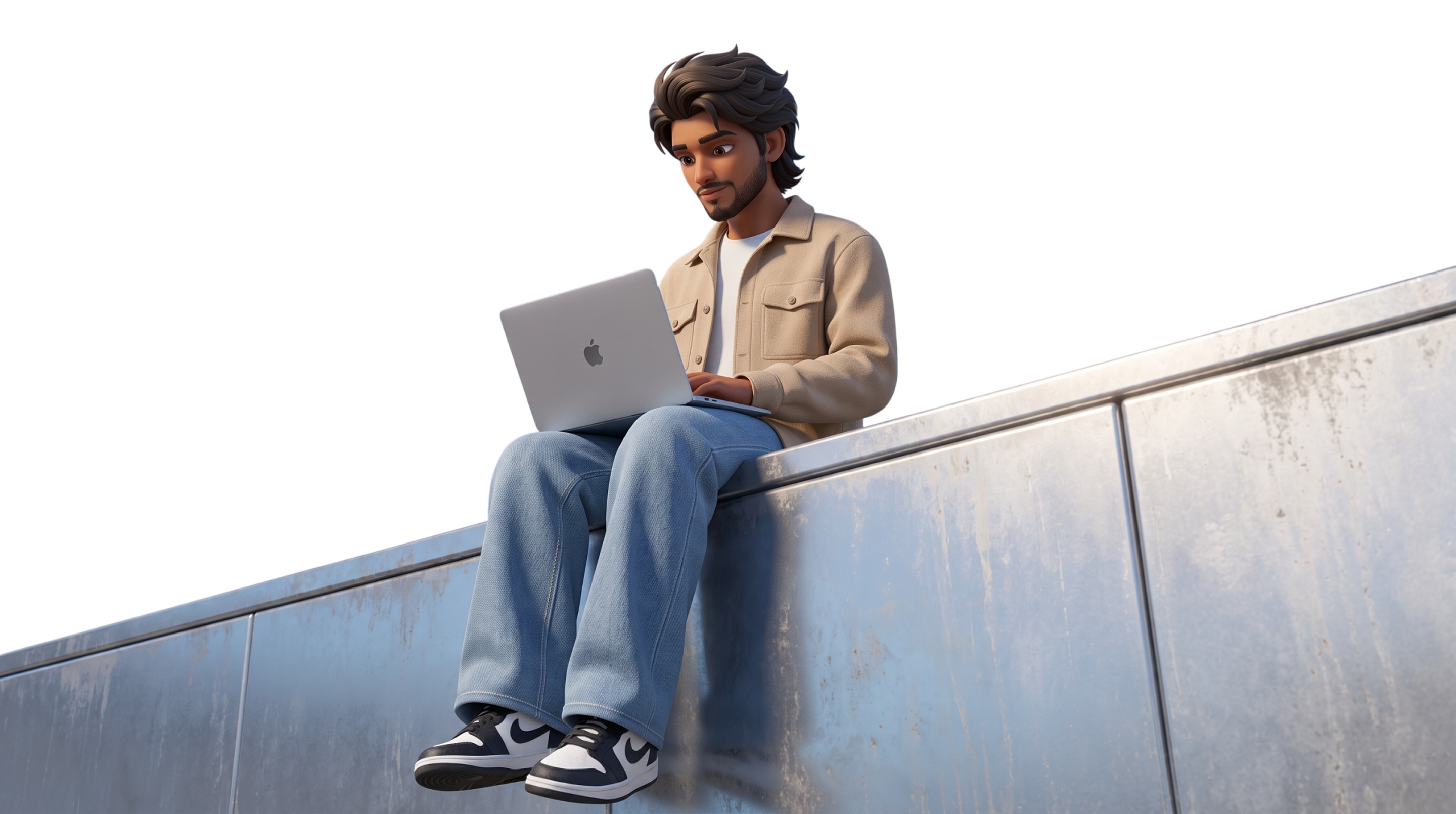 Thanuj — 3D character sitting with a MacBook